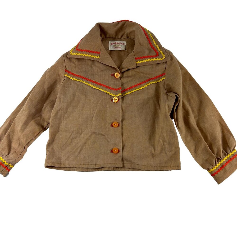 Vintage Hand Made by Grandma Childs Shirt Brown Unisex Bric Brac Long Sleeve